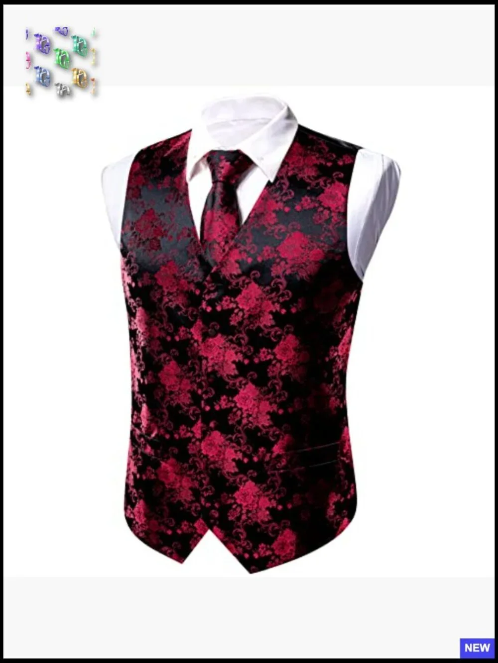 Men's V-Neck Suit Vest Set Silk Tie Pocket Square Cufflinks Formal Elegant
